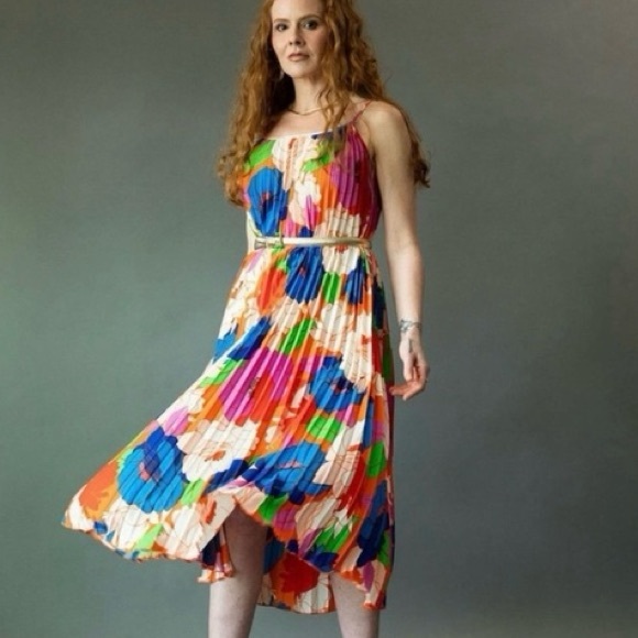 Sam Edelman Plisse Dress Retro Floral Colorful Floral Dress Size Large - Picture 1 of 10